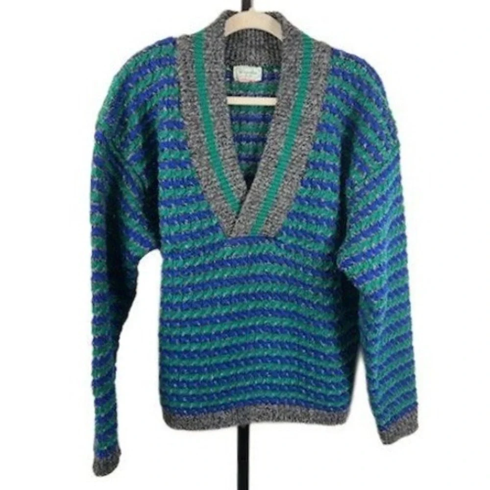 Benetton Sweater Men's Size 50 Large Blue Green Gray Striped Wool Vintage